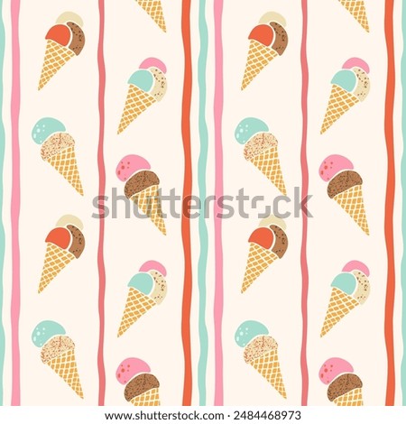 Vector ice-cream waffle cones seamless pattern. Cute hand drawn colorful flavored gelato and wavy vertical stripes repeat design in muted retro colors on cream off white background. Summer dessert