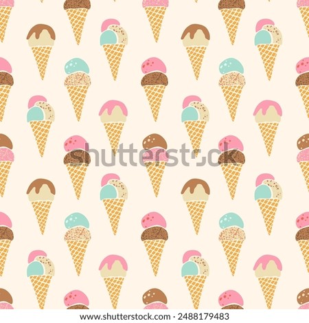 Vector ice-cream waffle cones seamless pattern. Cute flavored fruit, vanilla and chocolate gelato repeat design on cream off white background. Hand drawn retro pastel textured summer frozen dessert