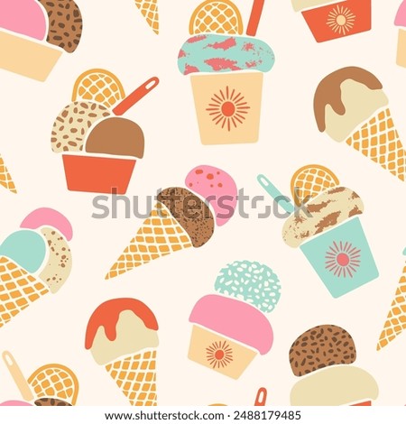 Ice-cream vector seamless pattern. Hand drawn various colorful textured summer frozen desserts on cream off-white background. Cute retro gelato in waffle cones and cups. Modern sweet food repeat tile