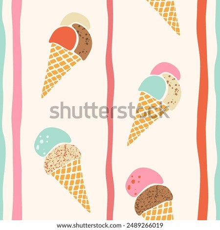 Cute ice-cream waffle cones seamless pattern. Vector retro repeat design with hand drawn textured gelato cones and colorful wavy vertical stripes on cream off white background. Summer Italian dessert