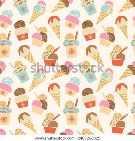 Retro Ice-cream vector seamless pattern. Hand drawn various colorful textured summer frozen desserts on cream off-white background. Cute gelato in waffle cones and cups. Modern sweet food repeat tile