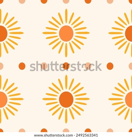 Boho sun vector seamless pattern. Modern simple orange sun shapes and dots on cream off-white background. Groovy celestial surface design for fabric, packaging, decor, paper. Cute retro repeat tile