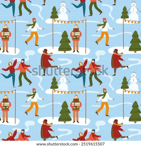 People skating on ice rink vector seamless pattern. Happy men and women in colorful warm clothes figure skating outdoor. Winter leisure time activity repeat background for Christmas, wrapping paper