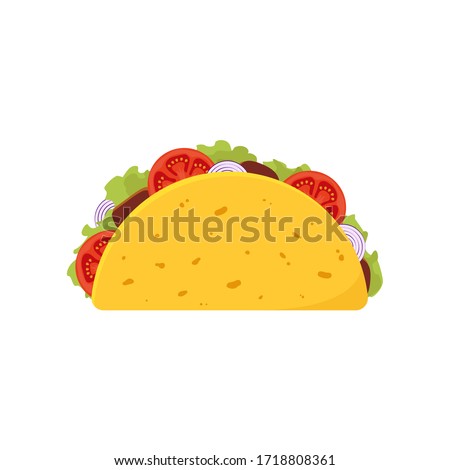 Taco with meat, vegetable and tortilla. Traditional mexican fast-food. Vector illustration