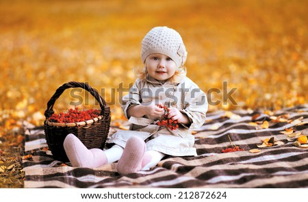 Autumn portrait child and basket with rowan berry