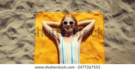 Similar – Image, Stock Photo top view of young woman relaxing in hammock using mobile phone. autumn season. camping concept