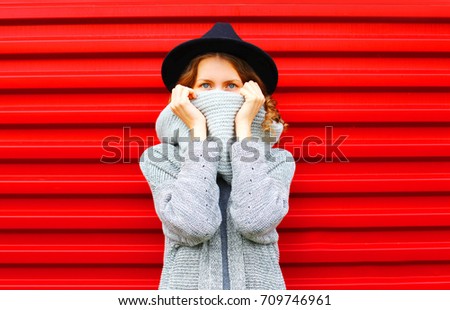 Similar – Image, Stock Photo Stylish black lady hiding behind curtain at home