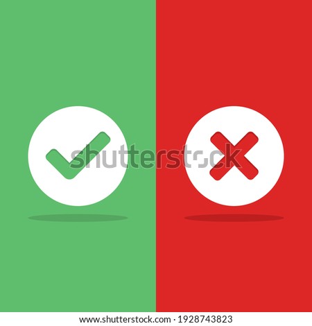 Check and wrong marks, Tick and cross marks, Accepted,Rejected, Approved,Disapproved, Right,Wrong, Correct,False - vector mark symbols in green and red. Isolated icon.