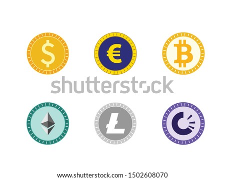 Six different kinds of coins: dollar, euro, bitcoin, ethereum, litecoin and trac coin