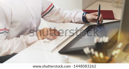 Similar – Image, Stock Photo Woman drawing on tablet at home