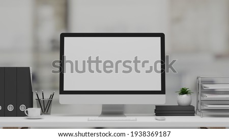 3D rendering, office desk with computer, stationery and office supplies in blurred background, 3D illustration