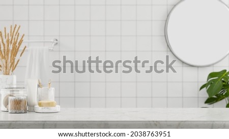 Marble table top with soap, toothbrush, cotton buds, decor and mockup space for montage over minimalist and clean bathroom background, 3d rendering, 3d illustration Stock foto © 