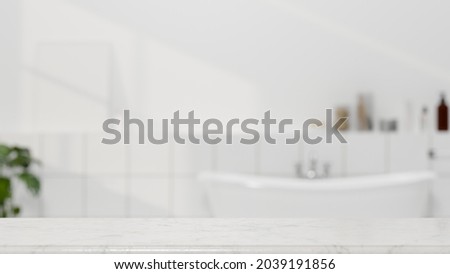 Bathroom background, Mockup space for montage product on white marble tabletop over bright modern bathroom with bathtub and minimalist interior in background, 3d rendering, 3d illustration
