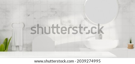 Mock-up space on white tabletop for montage spa or bath products over stylish white marble bathroom in background, 3d rendering, 3d illustration Foto stock © 