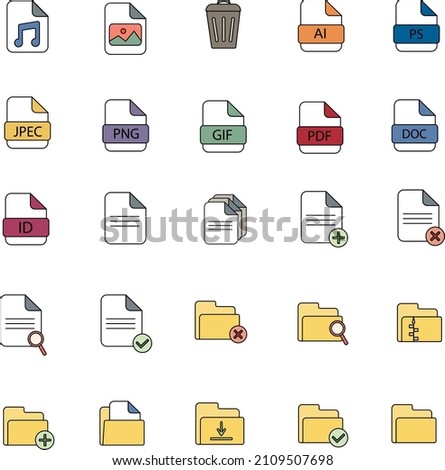 Set of different icon file and document graphic templates, file format, AI, PS, JPEG, PNG, GIF, PDF, DOC. Vector illustration