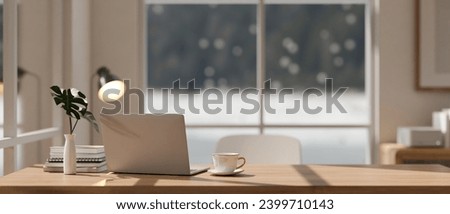 Image, Stock Photo Minimalist home office closeup concept with tiny cactus in white ceramic pot on wooden ring for air purification to help promote productivity