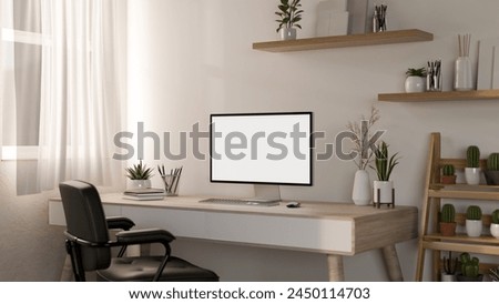 Similar – Image, Stock Photo Minimalist home office closeup concept with tiny cactus in white ceramic pot on wooden ring for air purification to help promote productivity