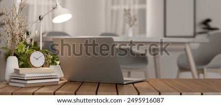 Similar – Image, Stock Photo Minimalist home office closeup concept with tiny cactus in white ceramic pot on wooden ring for air purification to help promote productivity