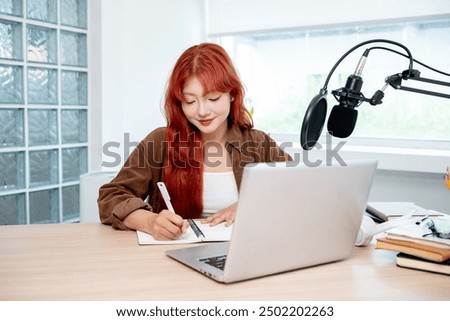 Similar – Image, Stock Photo Positive female radio host in studio