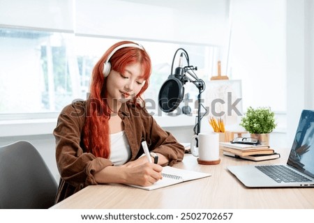 Similar – Image, Stock Photo Positive female radio host in studio