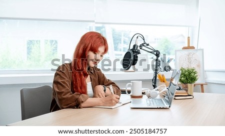 Similar – Image, Stock Photo Positive female radio host in studio