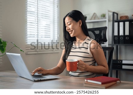 Similar – Image, Stock Photo Satisfied Asian resting female in casual wear having relaxation at tropical hotel