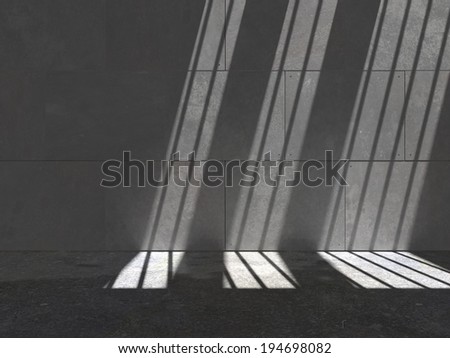 Computer generated contemporary wall lit by a stream of sunlight and a slight wet sheen on floor.