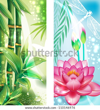 Vertical banners with bamboo and lotus