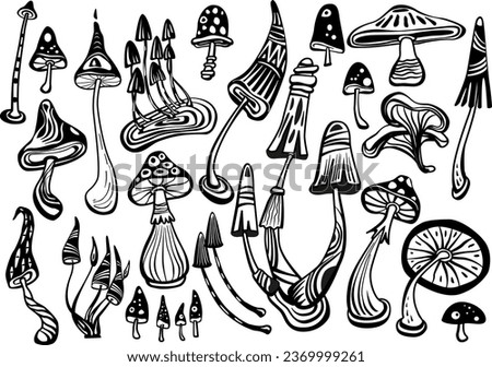 Set of Mystical Psychedelic mushrooms, Magic Hippie boho art, black and white vector illustration