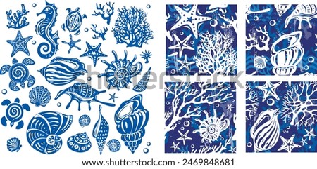 Set of decorative shells, Seahorse, Turtles, Sea stars, Corals and Seamless patterns  