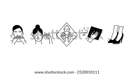 Cleaning and hygiene icons.
Icon of a girl doing makeup, a sneezing man, a child lying on a diaper, a hand wiping dust with a napkin, shiny stiletto heels. Wet wipes for cleaning and makeup removal