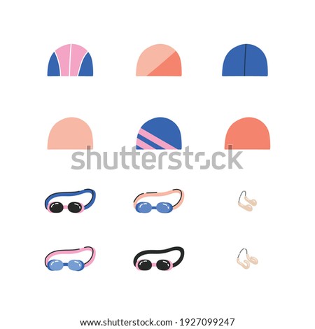 Equipment for synchronized swimming. Isolated flat vector illustration with a set of necessary equipment such as googles, nose clip and swimming cap. Artistic swimming concept.