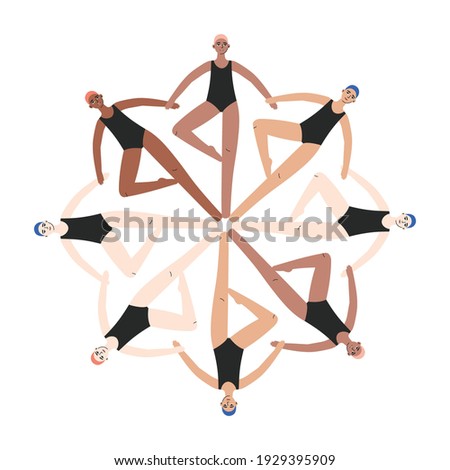 Synchronized swimming team. Group performance in the water. Vector illustration in flat style. Competitions or training in the swimming pool. Water sports concept.