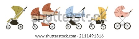 Strollers set, different types. Baby carriage, pram, buggy, stroller for twins. For girls and boys. Hand drawn vector illustration. Childhood, transportation, walk with children, motherhood, shopping