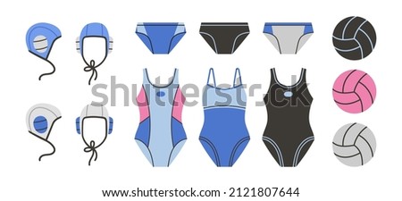 Equipment for water polo in different colors. Isolated flat vector illustration with. Set with swimsuits, swimming trunks, caps and balls for swimmers. Swimming pool and water sports concept.