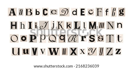 Hand drawn alphabet. Letters on pieces of paper in different colors.
Set of capital and lowercase letters.
Cuts from newspaper, anonymous message style
Vector illustration isolated on white background