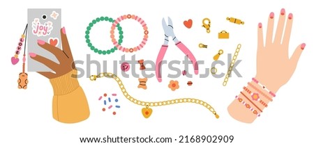Big set with equipment for beading and jewelry making. Instruments, golden spare parts, bracelets, necklace. Manicured hands with phone etc.
Beading, handmade, fashion. 
Hand drawn vector illustration Foto stock © 