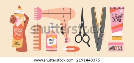 Big set with attributes of hairstyling process - hairdryer, cosmetics, scissors, comb etc. Products and equipment for haircuts and hair care in salon or at home.
Hand drawn vector illustration.