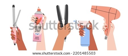 Set with women's hands holding spray for styling, curling iron, hair dryer and hair straightener. Hair styling process. Hairstyle, self care and beauty salon concept. Hand drawn vector illustration.