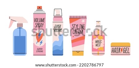 Banner with hair styling products. Illustration with different bottles and tubes - mist, spray, foam, cream etc. Hair care in salon or at home concept. Vector illustration.