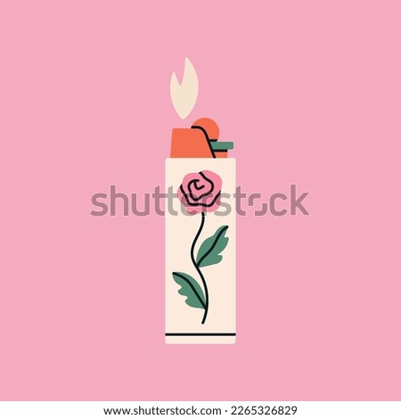 Poster with a lighter. Cute print with a rose. On Fire concept. Hand drawn vector illustration in pink colors. For social media, web and typographic design.