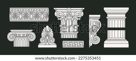 Big set with architectural details made of white marble or gypsum. Ancient Greek and Roman art. Sculpture, ornament, architecture. Hand drawn vector illustrations isolated on black background.
