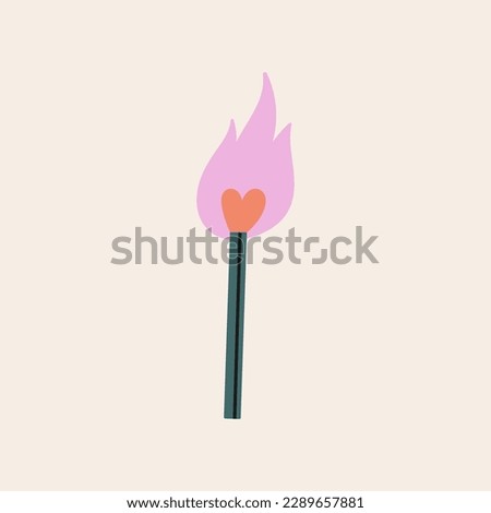 A burning match. Head of the match has a heart shape. Romance, passion and love on fire concept. For t-shirt prints, typographic design. Hand drawn vector illustration. Saint Valentine's day
