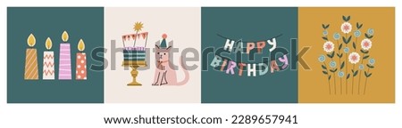 Posters set with cute animal, flowers, Birthday cupcake and a paper garland. Can be used as poster, invitation or greeting card. Happy Birthday lettering, party concept. Hand drawn vector illustration