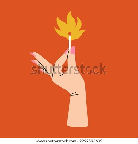 Woman's hand holding a match in fire, flame. Expressive gesture, cool jewelry and manicure. Hot design. Hand drawn vector illustration isolated on red background.