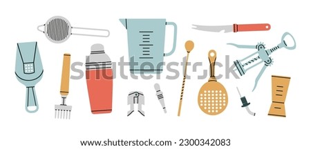 Poster with different bartender tools: strainer, julep, double jigger, shaker
etc. Hand drawn vector illustration isolated on white background. Cocktail shaker bar equipment. Party concept