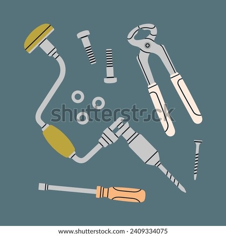 Poster with different home tools – brace, drill, ticks, pliers, bolts, screws and nails. Repair work, construction concept. Hand drawn vector illustration.