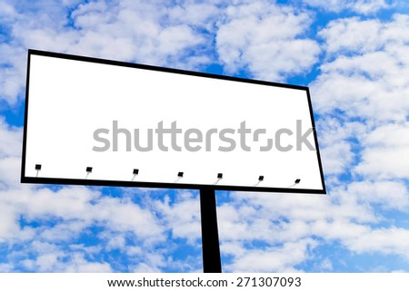 Blank billboard for advertisement isolated on white fluffy clouds in the blue sky