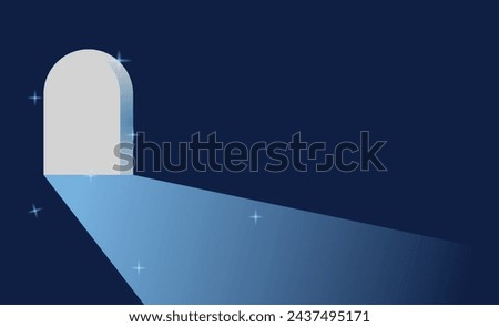 Dreamy arch shape door portal illustration. Aesthetic windows portal with stars and ight background.