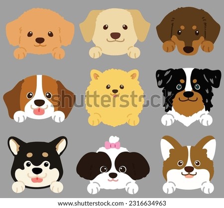 Set of flat colored cute and simple dog heads with front paws